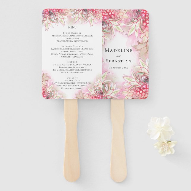 Éventail Ananas roses exotiques Menu de mariage rose (Devant et derrière)