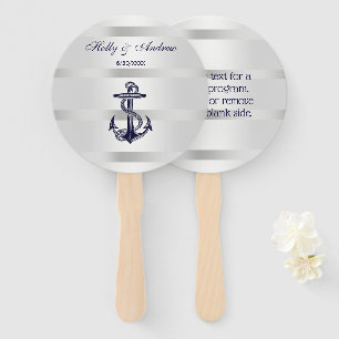 Éventail Ancre Bleue marine Nautique Argent Wt BG Mariage