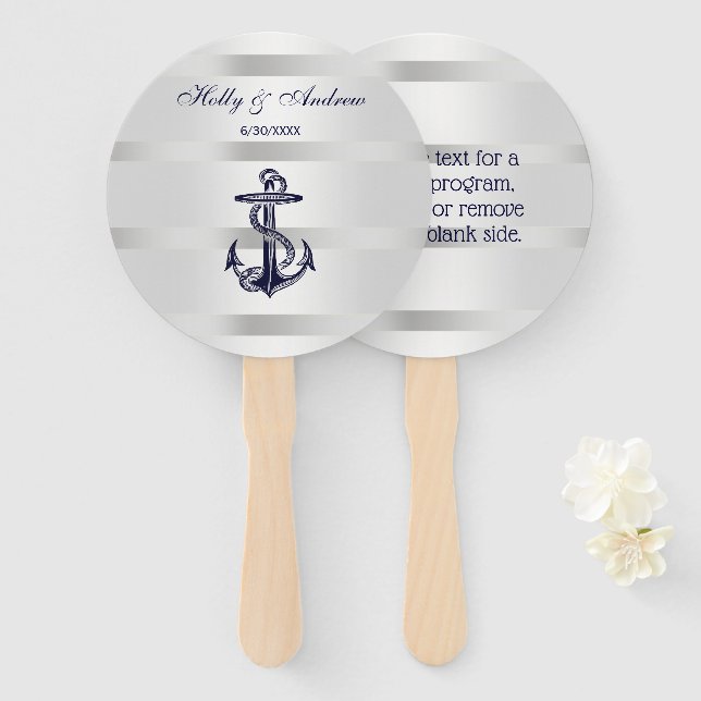 Éventail Ancre Bleue marine Nautique Argent Wt BG Mariage (Devant et derrière)
