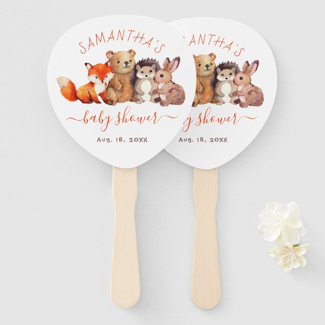 Éventail Animaux aquarelle écriture rouge pour une baby sho (Devant et derrière)