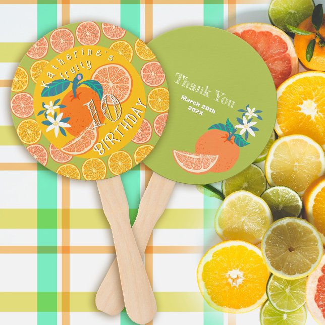 Éventail Anniversaire 10 ans Orange Fruité Vert (Orange Fruity Birthday Hand Fan.)