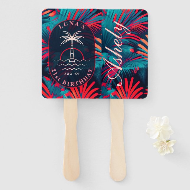 Éventail Anniversaire Beach party Palm tree coucher de sole (Devant et derrière)