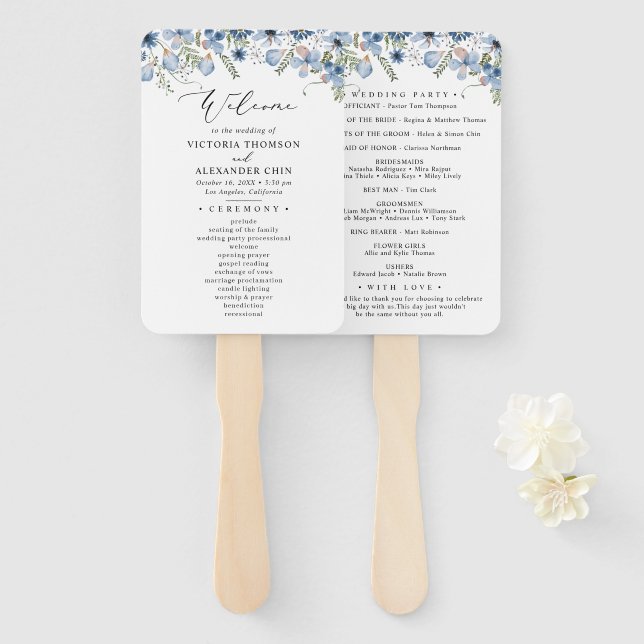 Éventail Aquarelle Bleu Cute Programme de mariage Ventilate (Devant et derrière)