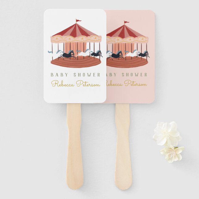 Éventail Aquarelle Carousel rose Baby shower Ventilateur ma (Devant et derrière)