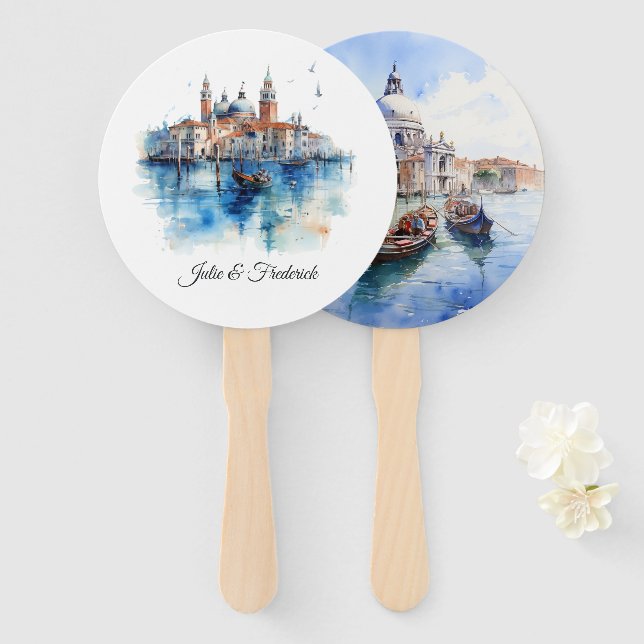 Éventail Aquarelle Destination Italienne Mariage Venise (Devant et derrière)