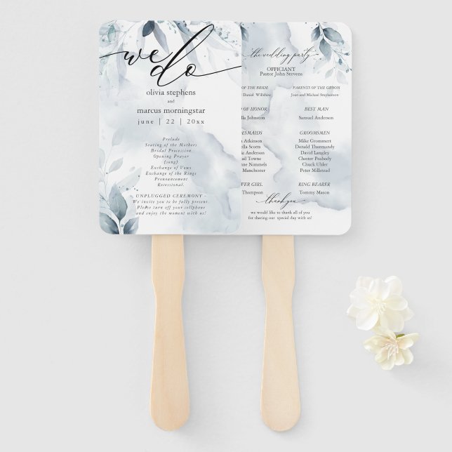 Éventail Aquarelle feuillage bleu poussiéreux Dawna2 (Devant et derrière)