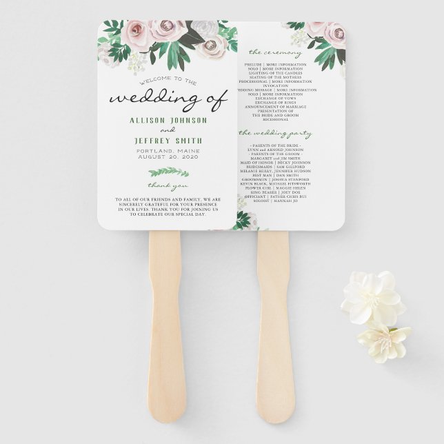Éventail Aquarelle Floral Blanc Green Wedding Programme (Devant et derrière)