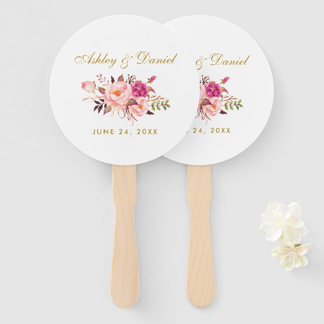 Éventail Aquarelle Floral Rose Rose Blush Mariage R (Devant et derrière)