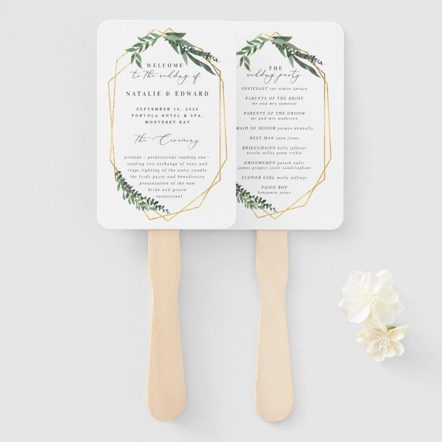 Éventail aquarelle géométrique or feuillage (Devant et derrière)