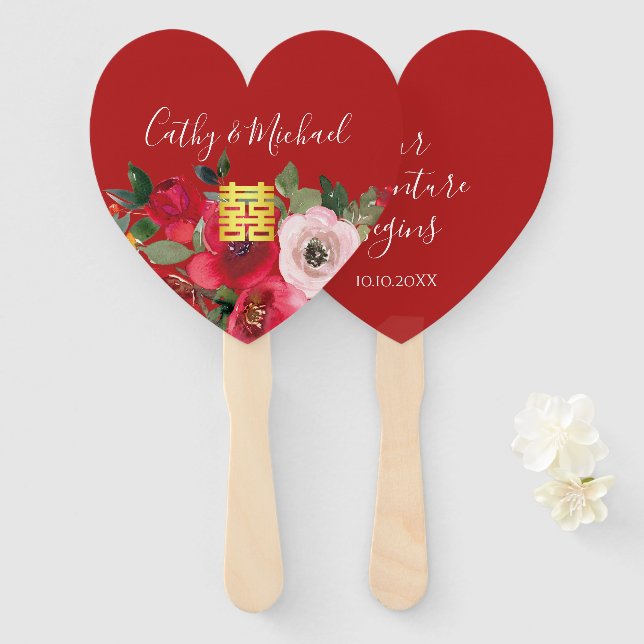 Éventail Aquarelle rose rouge floral moderne double bonheur (Devant et derrière)