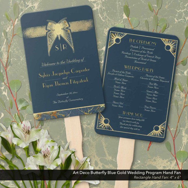 Éventail Art Déco Butterfly Blue Gold Wedding Programme (Art Deco Butterfly Navy Blue and Antique Gold Wedding Ceremony Program Hand Fan: Size 4" x 6")
