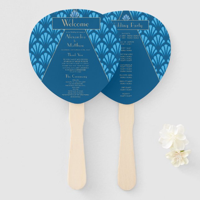 Éventail Art Déco Mariage Bleu Années folles Vintage (Devant et derrière)