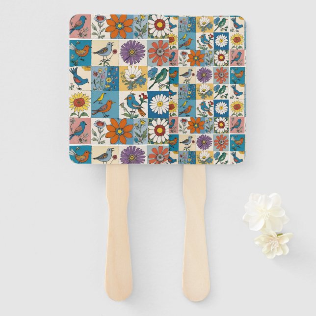 Éventail Art populaire hippie floral patchwork avec oiseaux (Devant et derrière)