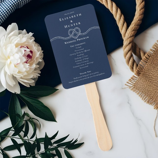 Éventail Attacher le noeud de corde coeur Navy Programme de (Tying The Knot Rope Heart Navy Wedding Program Hand Fan)