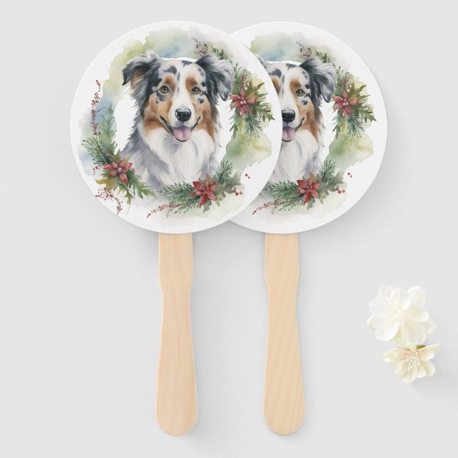 Éventail Australian Shepherd Christmas Wreath Festive Pup (Devant et derrière)