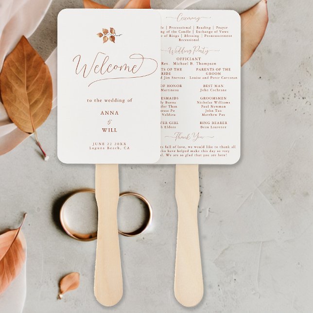 Éventail Automne Feuilles Terracotta Chic Programme de mari (Autumn leaves fall wedding program romantic elegant calligraphy terracotta burnt orange classy chic)
