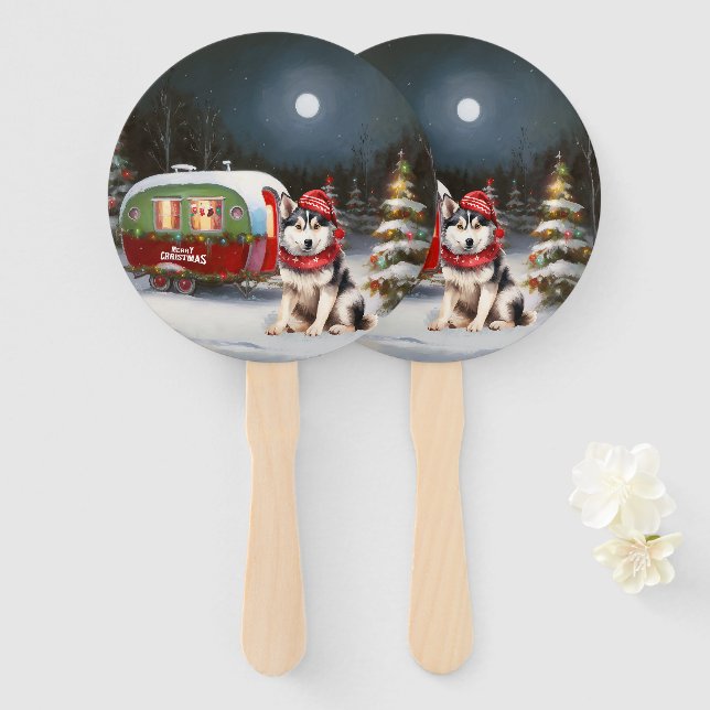 Éventail Aventure de Noël de la caravane de Husky sibérien  (Devant et derrière)