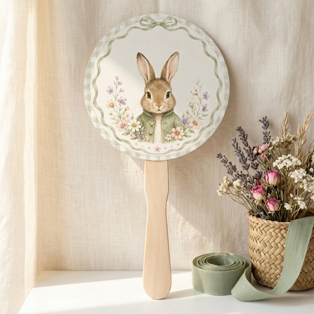Éventail Baby Shower Lapin Sage Gingham (Créateur téléchargé)