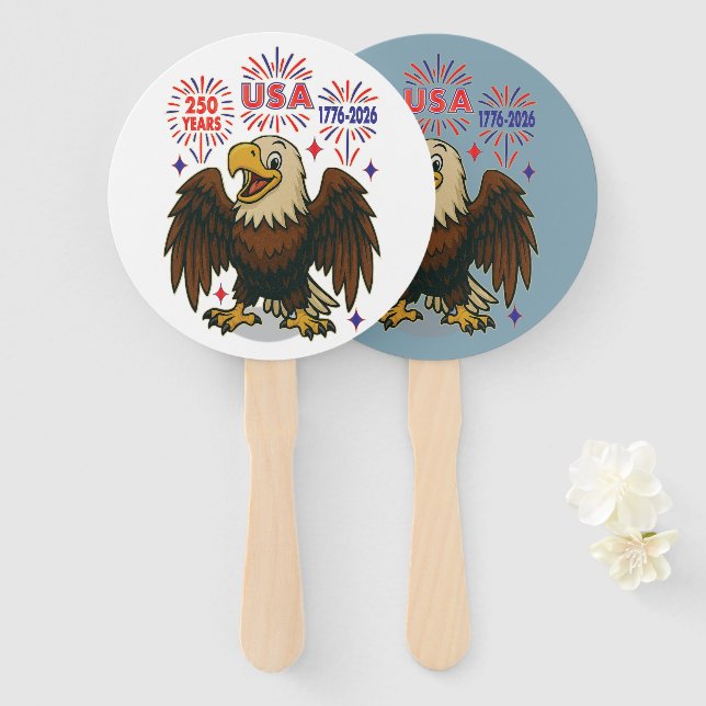 Éventail Bald Eagle avec Fireworks - USA 250 ans 1776-2026 (Devant et derrière)