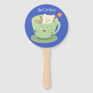 Éventail Bande dessinée de la tasse de thé mignonne humour 