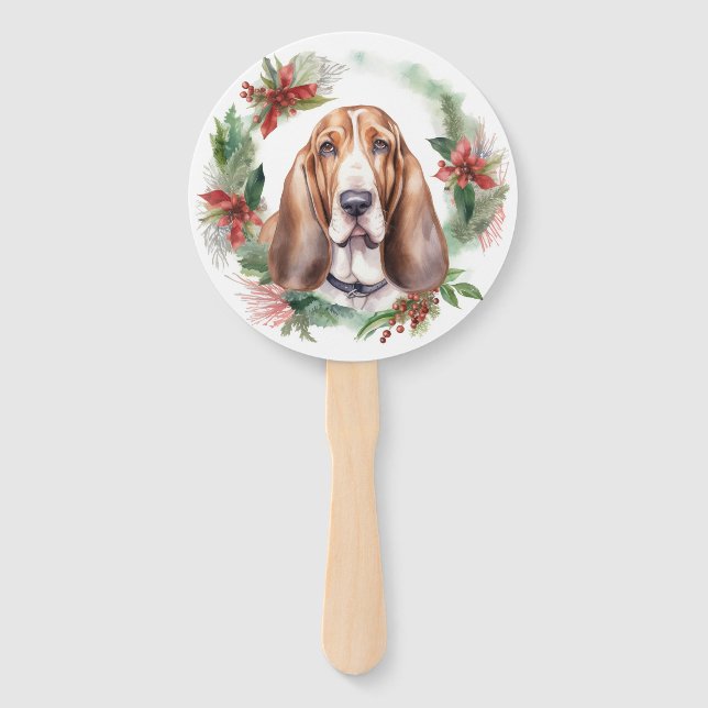 Éventail Basset Hound Festive Wreath de Noël Pup (Devant)