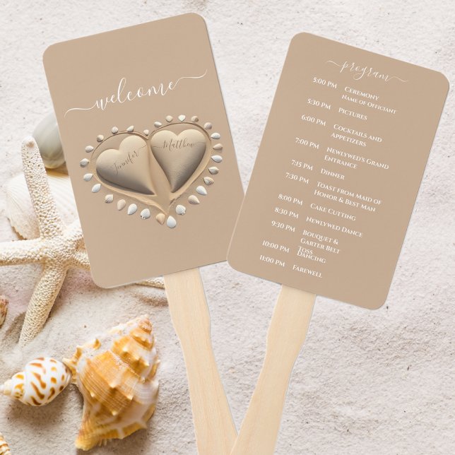 Éventail Beach Wedding Sand Hearts Programme de mariage (Beach Wedding Sand Hearts Wedding Program Hand Fan )