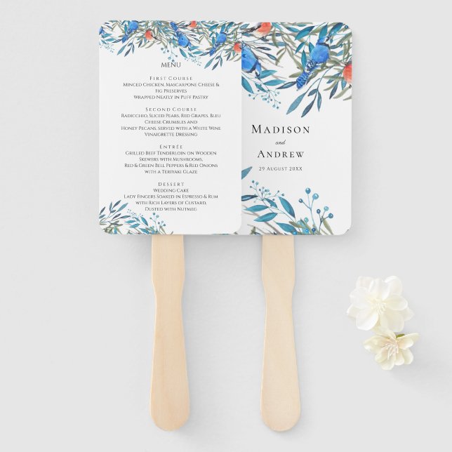 Éventail Beaux Oiseaux à l'aquarelle & Menu de Mariage avec (Devant et derrière)