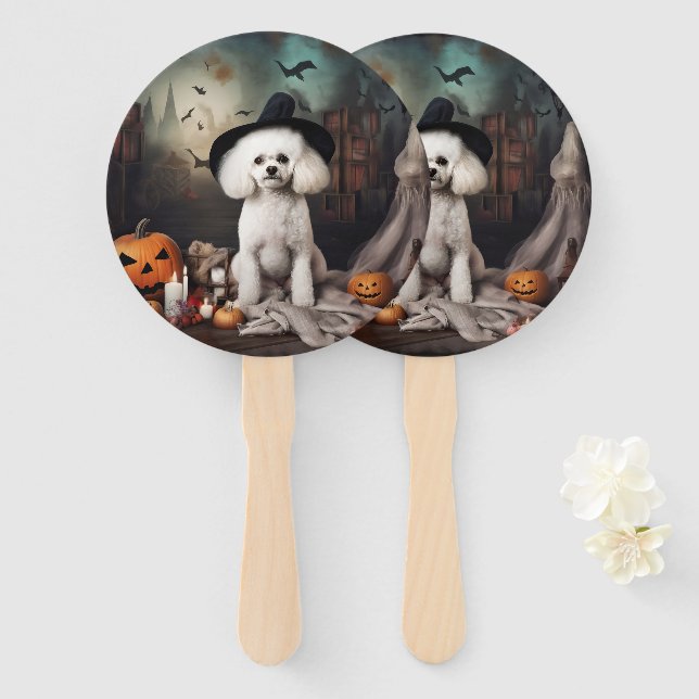 Éventail Bichon Frisé Citrouilles Halloween Épouvantable (Devant et derrière)