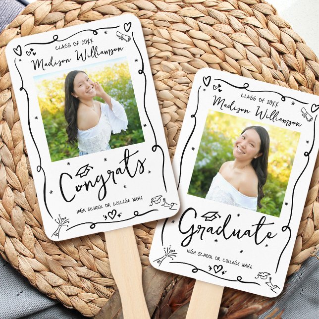 Éventail Black Hand Drawn Doodle Graduation 2 Photo White (Créateur téléchargé)