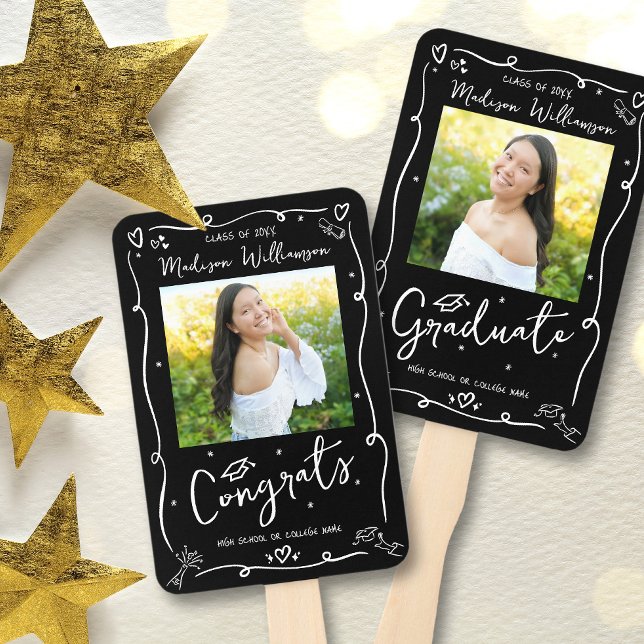 Éventail Black White Hand Drawn Doodle Graduation 2 Photo (Créateur téléchargé)