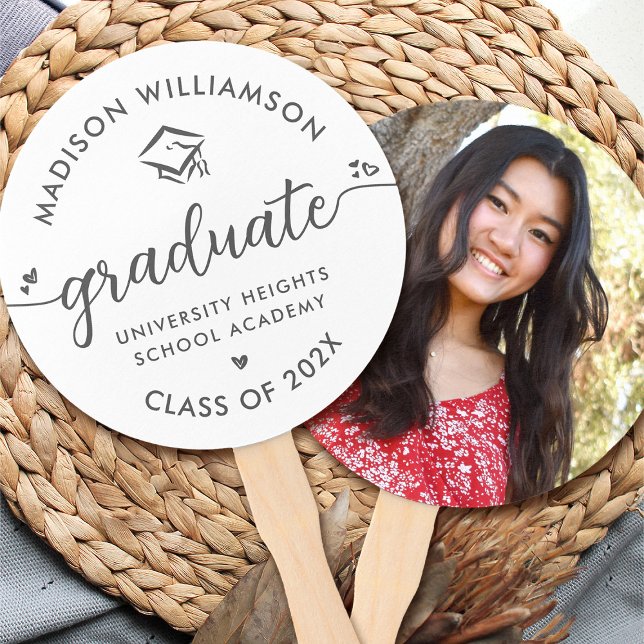 Éventail Blanc 1 Photo Graduation Gris Script Coeurs Casque (Créateur téléchargé)