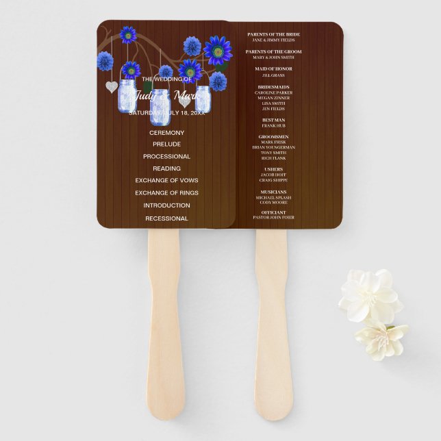 Éventail Bleu foncé bleu floral Mason jarres Mariage (Devant et derrière)