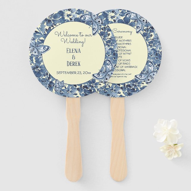 Éventail Bleu Lt Aquarelle Jaune Mariage papillon floral (Devant et derrière)