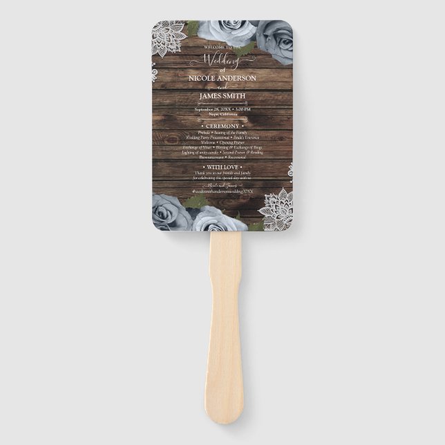 Éventail Bleu Poussiéreux Fleurs Roses Bois Rustique Dentel (Devant)