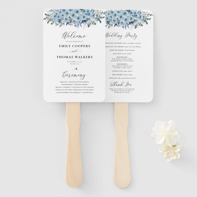 Éventail Blue Boho Floral Wedding Programme (Devant et derrière)