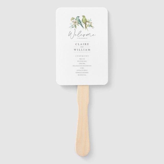 Éventail Blue Green Birds Floral Aquarelle Mariage (Devant)