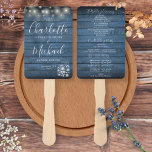 Éventail Blue Rustic Bois Chaîne Lumières Programme de mari<br><div class="desc">Programme de mariage signé rustique avec typographie moderne et chic sur un arrière - plan de panneaux de bois bleu avec lampes à cordes et jarres de maçon. Ce programme de mariage élégant peut être personnalisé avec vos informations spéciales de jour de mariage. Conçu par Thisisnotme©</div>