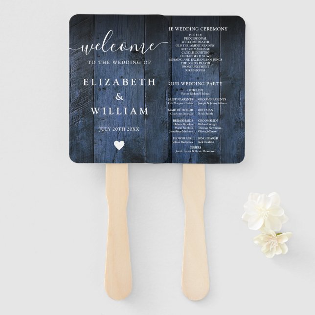 Éventail Blue Rustic Grange Wood Boho Programme de mariage (Devant et derrière)