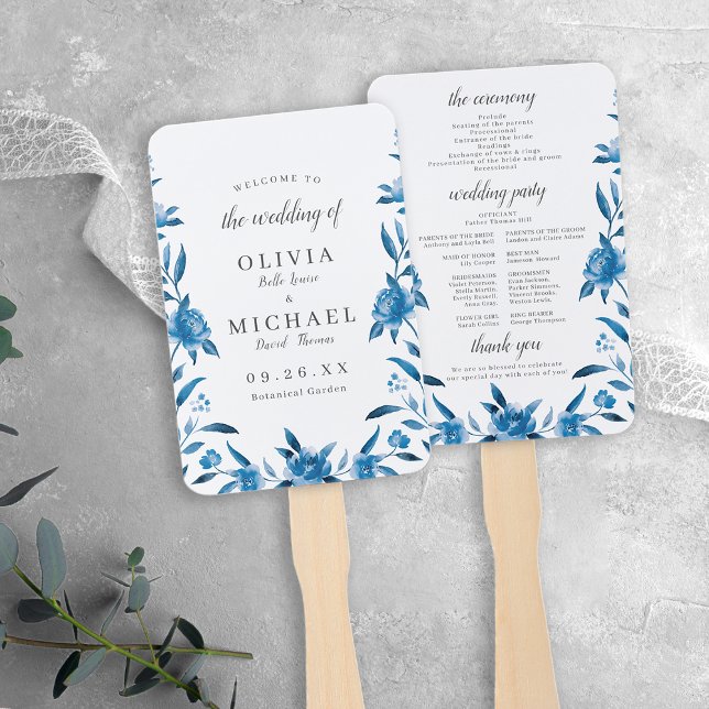 Éventail Blue Watercolor floral Chinoiserie Programme de ma (Blue Watercolor floral Chinoiserie Wedding Program Hand Fan)
