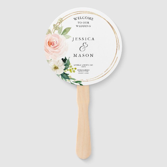 Éventail Blush Florals Round Gold Wedding Program Fan (Devant)