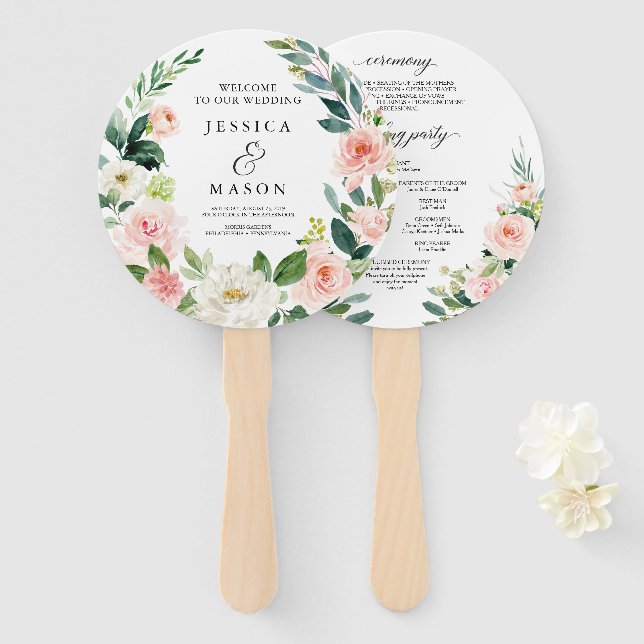Éventail Blush Florals Round Wedding Program Fan (Devant et derrière)