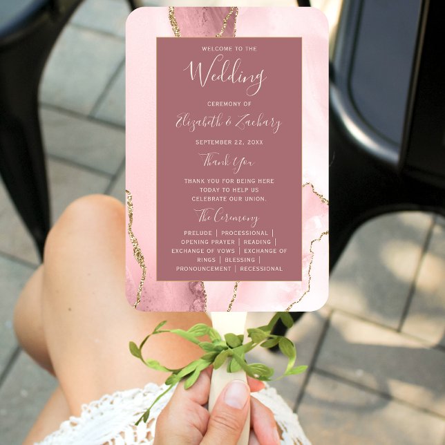 Éventail Blush Pink Gold Agate Dusty Rose Wedding Programme (Créateur téléchargé)