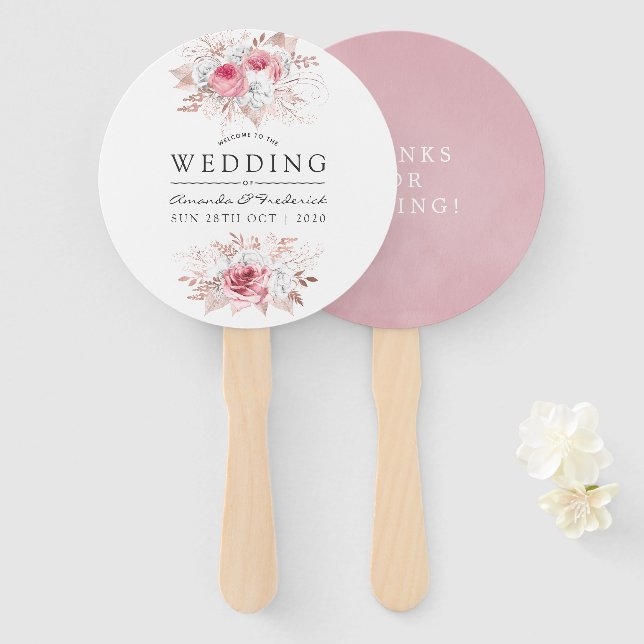 Éventail Blush rose et Rose Gold Floral Wedding Favoriser (Devant et derrière)