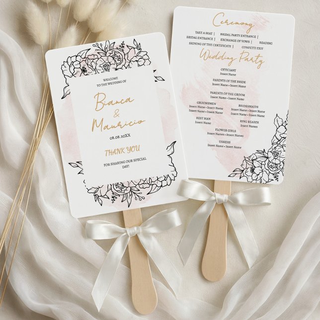 Éventail Blush Watercolor with Elegant Black Floral Details (Blush Watercolor with Elegant Black Floral Details Hand Fan)