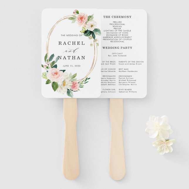 Éventail Blush White Bloom Gold Frame Wedding Programme (Devant et derrière)