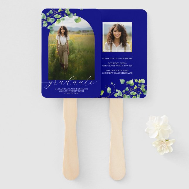 Éventail Boho Arch Ivy, Navy Blue Graduation (Devant et derrière)