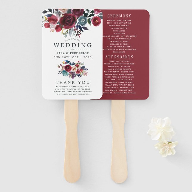 Éventail Boho Chic Bourgogne et Nuit Automne Mariage (Devant et derrière)