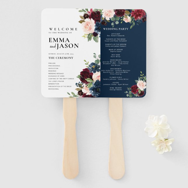 Éventail Boho Floral Bourgogne Programme de mariage Fan Mai (Devant et derrière)