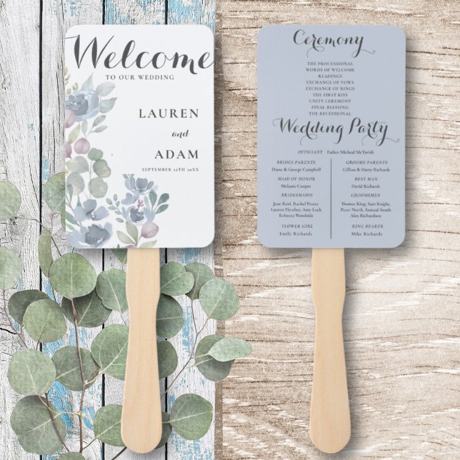 Éventail Boho Floral Eucalyptus Dusty Blue Wedding Programm (Créateur téléchargé)