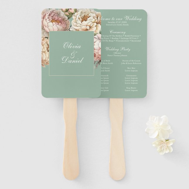 Éventail Boho Pastel Sage & Blush Peonies Programme de mari (Devant et derrière)